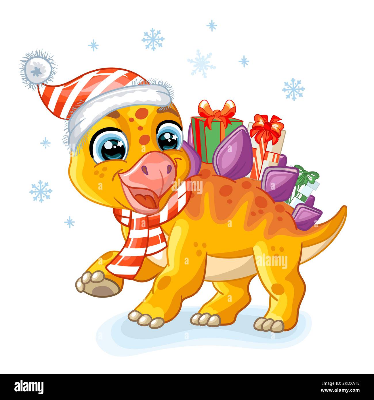 Le petit dinosaure stegosaurus porte des cadeaux sur son dos cadeaux de noël. Personnage de dessin animé. Illustration vectorielle isolée. Pour l'impression, le design, les affiches, Illustration de Vecteur