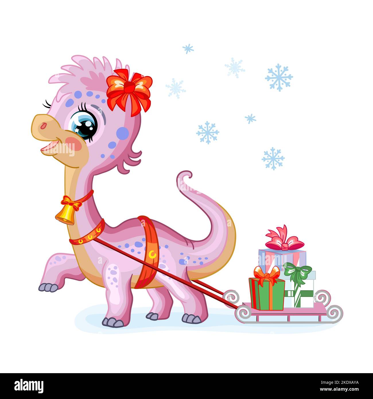 Adorable dinosaure fille porte un traîneau avec des cadeaux de noël. Personnage de dessin animé. Illustration vectorielle isolée. Pour l'impression, le design, les affiches, les cartes, les autocollants Illustration de Vecteur