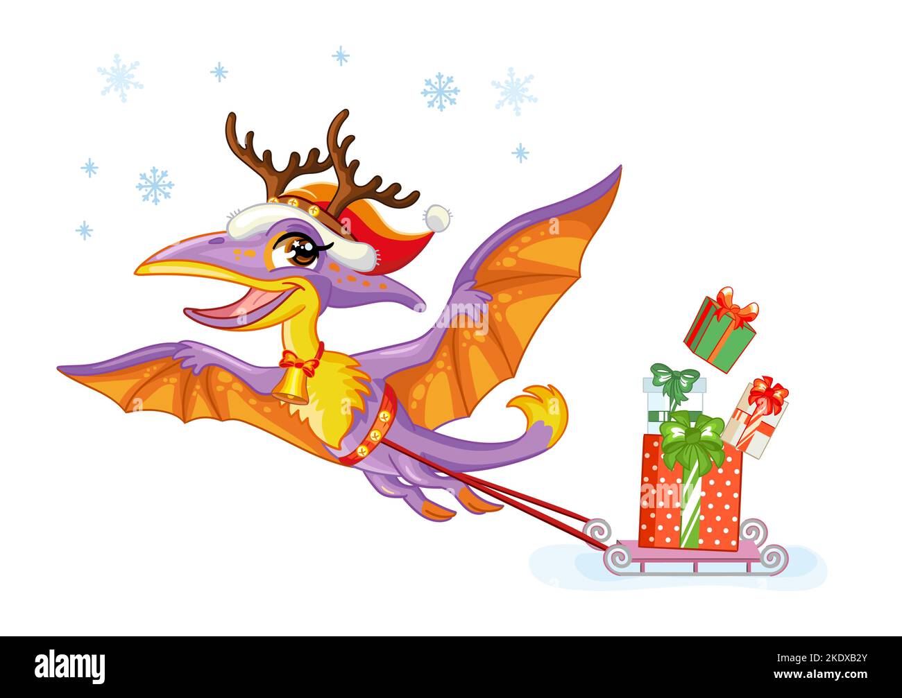 Le ptérodactyl de dinosaure mignon porte un traîneau avec des cadeaux de noël. Personnage de dessin animé. Illustration vectorielle isolée. Pour l'impression, le design, les affiches, les cartes Illustration de Vecteur