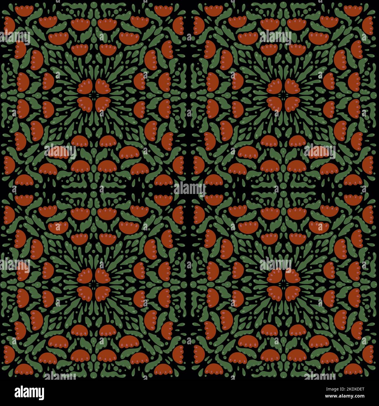 Motif sans couture avec fleurs rouges mandala dans le style arabe traditionnel antique, parures indiennes. Motifs géométriques et mosaïques sur fond noir Banque D'Images