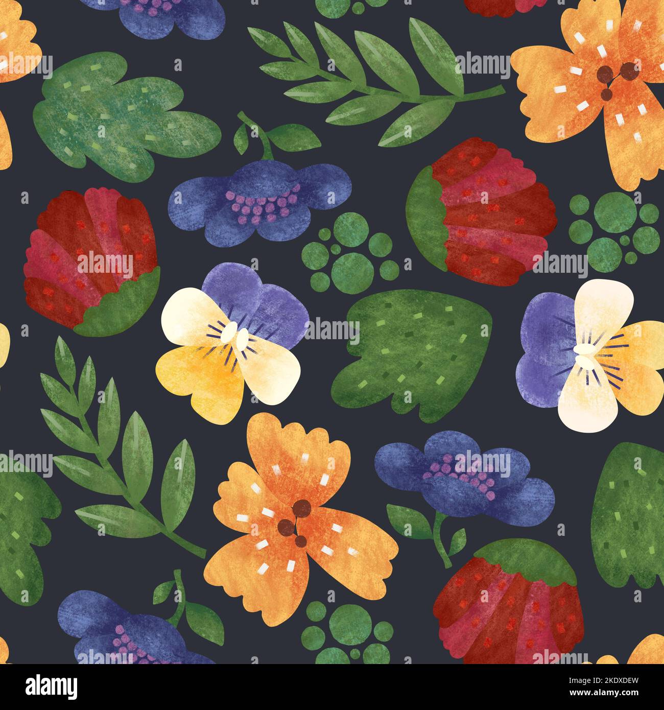 Joli motif sans couture avec fleurs isolées colorées sur fond noir. Ensemble de fleurs sauvages et de feuilles vertes. Une pancywork coloré pour les vêtements de mode. Banque D'Images