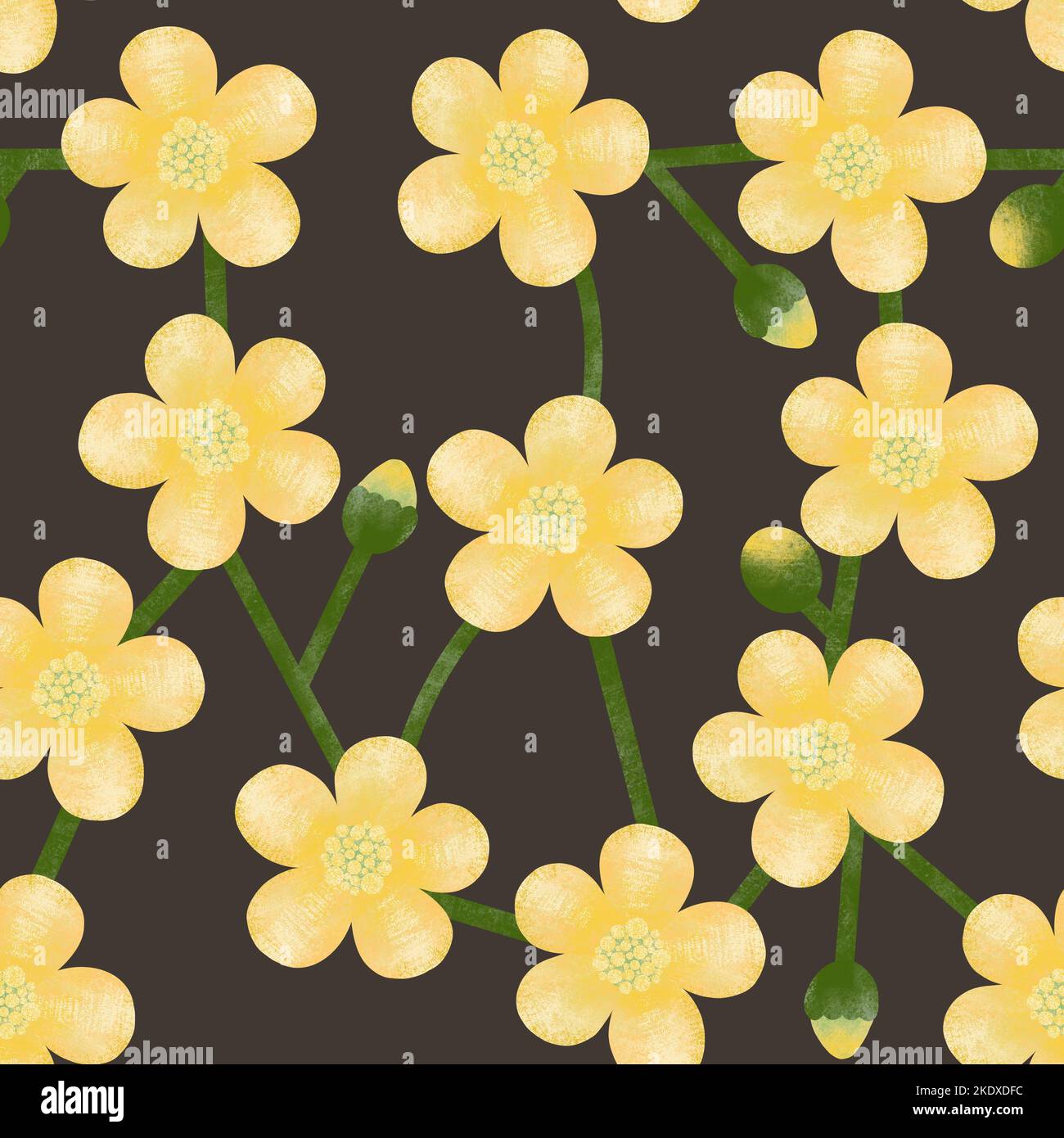 Fleurs jaunes sur fond noir. Motif fleuri sans coutures. Banque D'Images