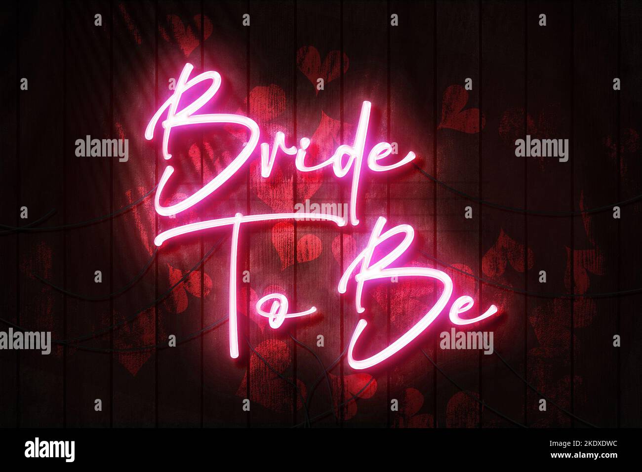 Bride doit être signe de néon sur une illustration de mur en bois foncé 3D avec fond de coeur rouge. Banque D'Images