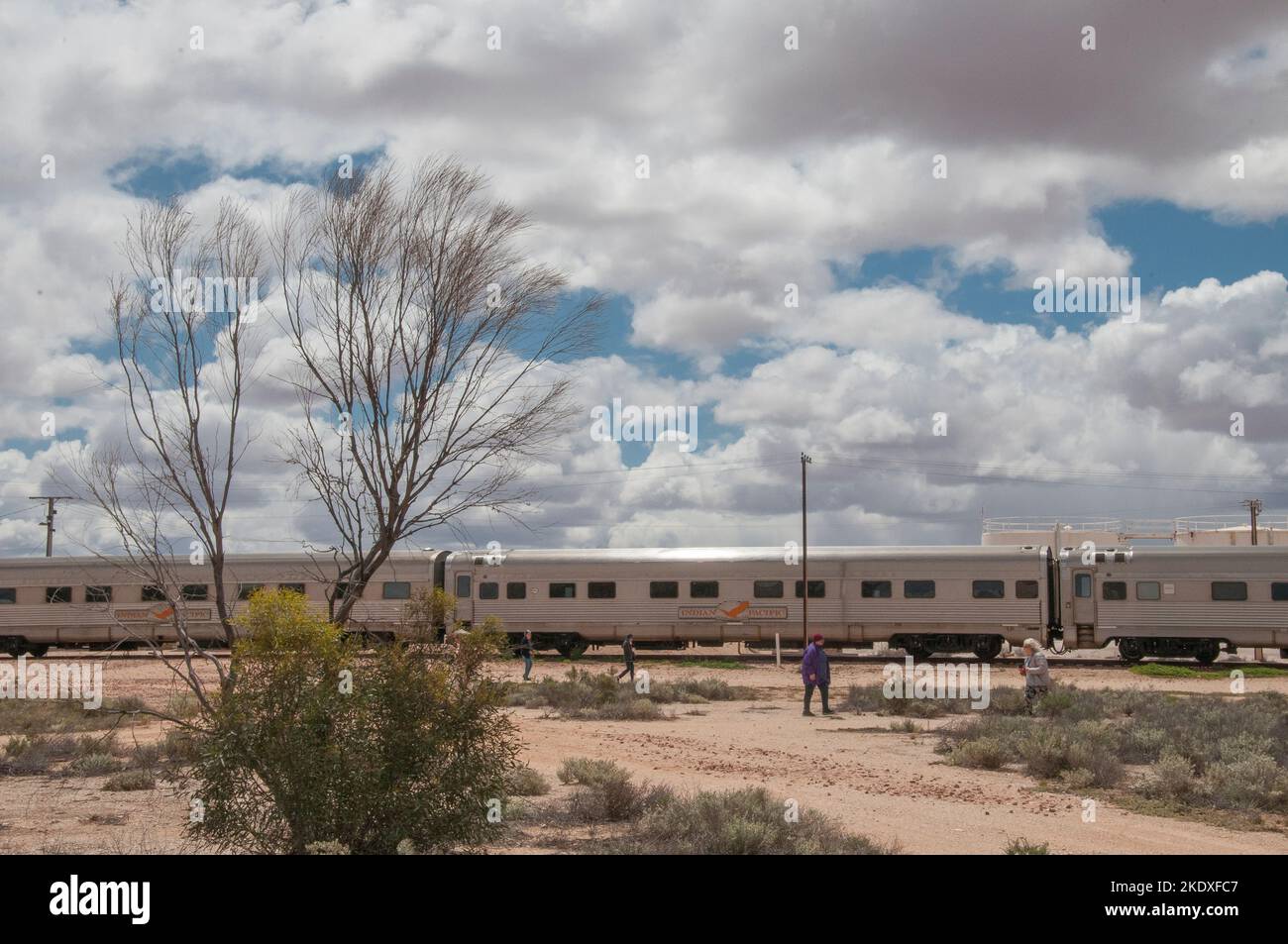 Train du chemin de fer Indian Pacific qui s'arrête à la colonie éloignée de Cook, sur la plaine de Nullarbor, en Australie méridionale Banque D'Images