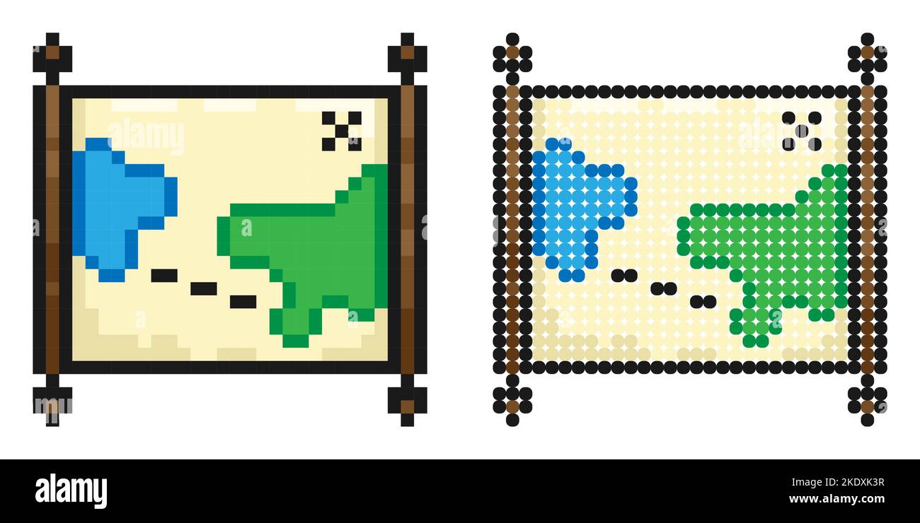 Icône pixel. Ancienne carte. Papier papyrus enroulé. Lettres médiévales et cartes des trésors des pirates. Vecteur de jeu rétro simple isolé sur fond blanc Illustration de Vecteur
