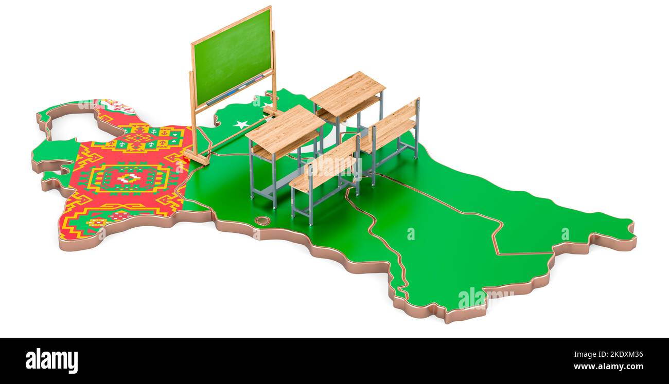 L'éducation au Turkménistan, concept. Bureaux scolaires et tableau noir sur la carte turkmène. 3D rendu isolé sur fond blanc Banque D'Images