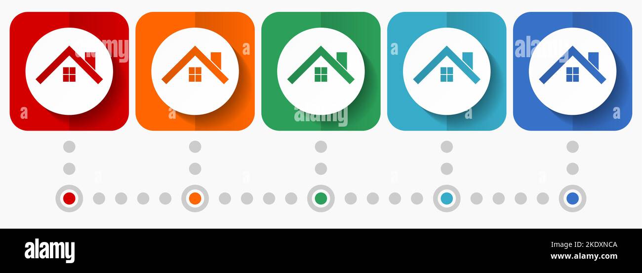 Icônes vectorielles maison, toit et fenêtre, modèle d'infographie, jeu de symboles de conception plate dans 5 couleurs Illustration de Vecteur