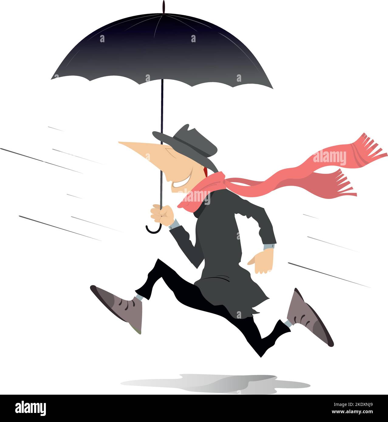 Vent, pluie. Courir jeune homme avec parapluie. Homme de course drôle dans le chapeau et grand foulard tenant parapluie. Illustration sur fond blanc Illustration de Vecteur