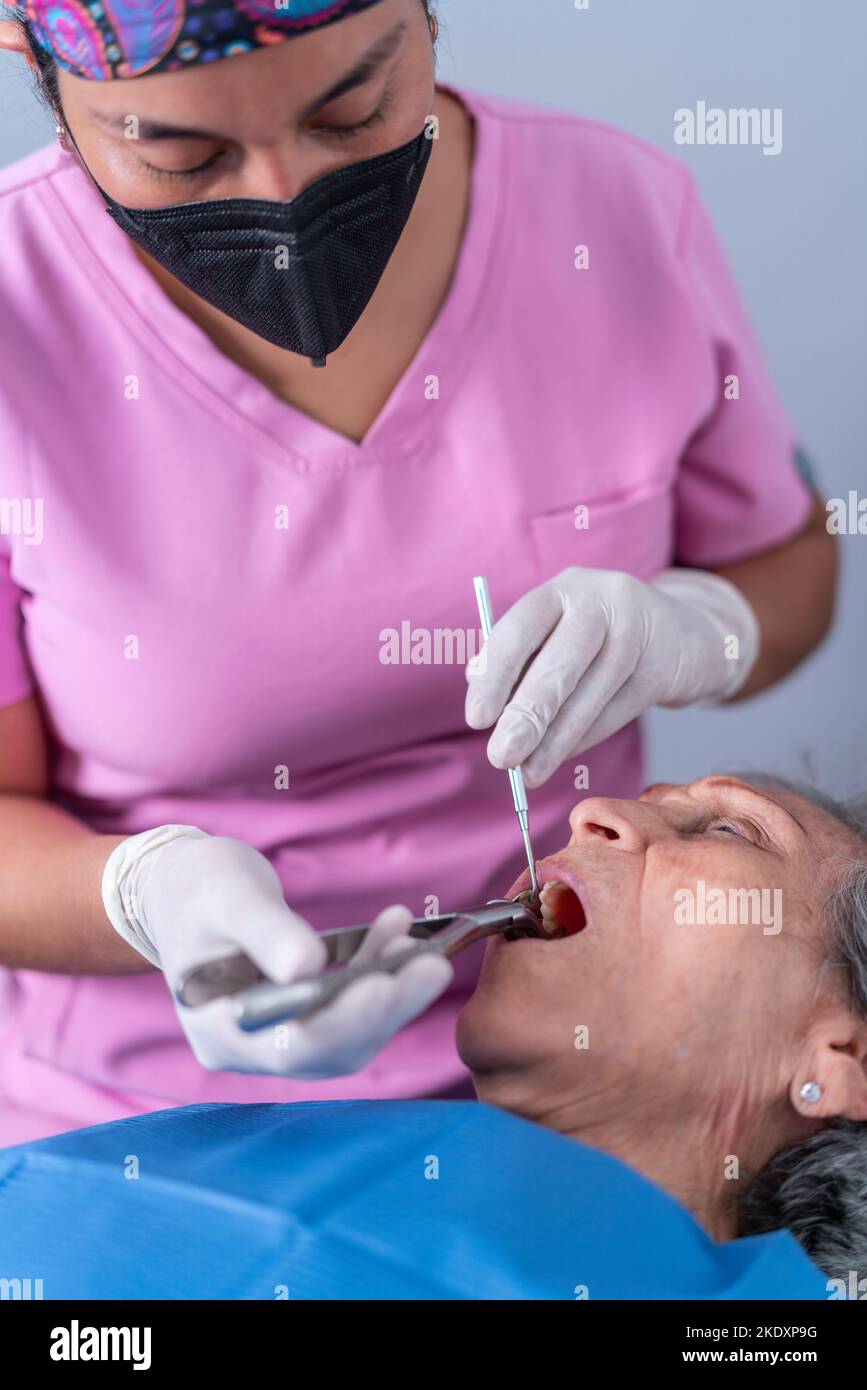 Une femme hispanique professionnelle non reconnaissable cultivée concentrée est présente dans des gants médicaux et un masque donnant une anesthésie locale avec une seringue à un pat âgé Banque D'Images