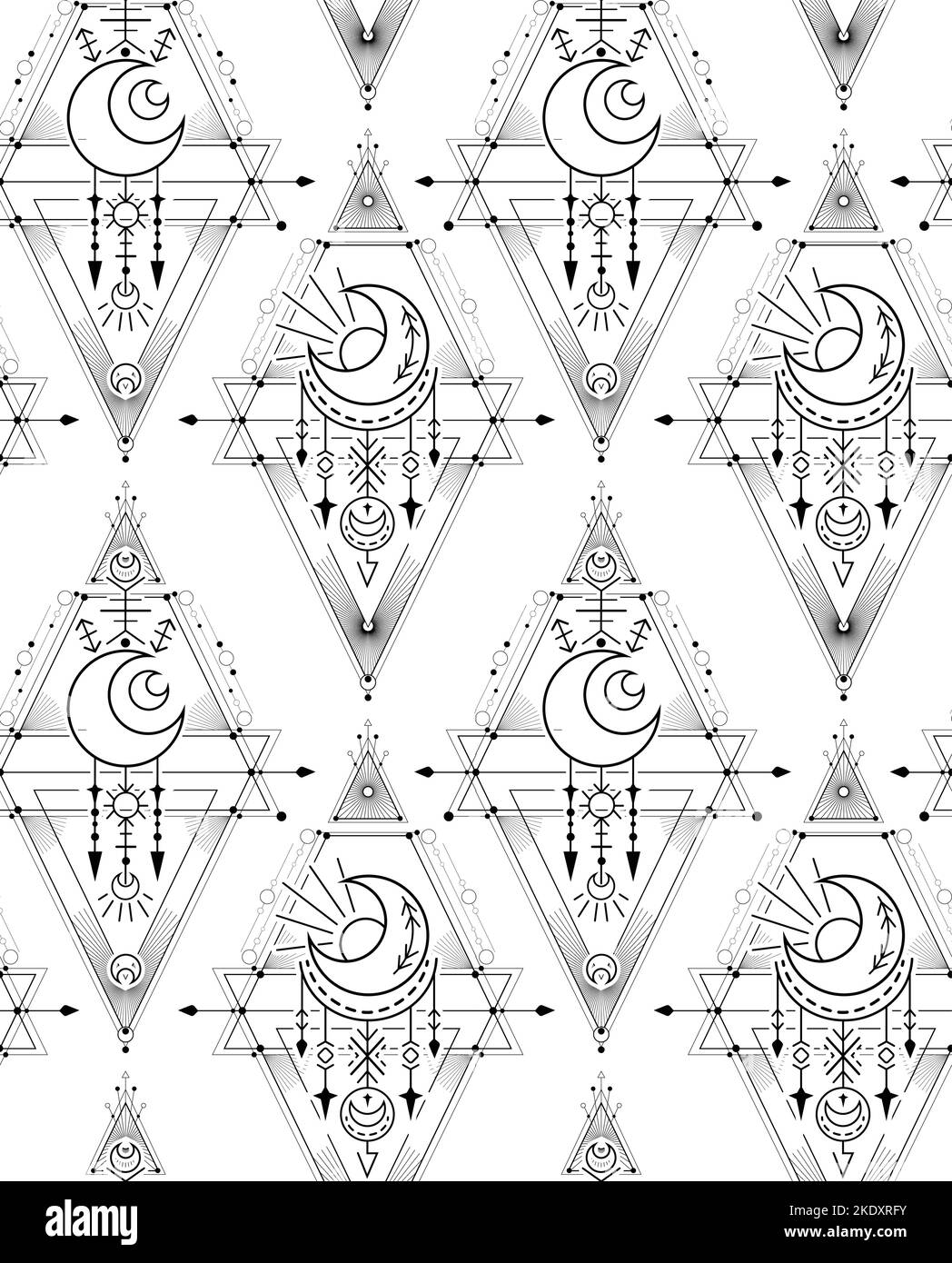 Modèle géométrique mystique. Texture vectorielle avec symboles occultes avec étoiles et croissant. Arrière-plan monochrome de contour sacré pour l'emballage du papier Illustration de Vecteur