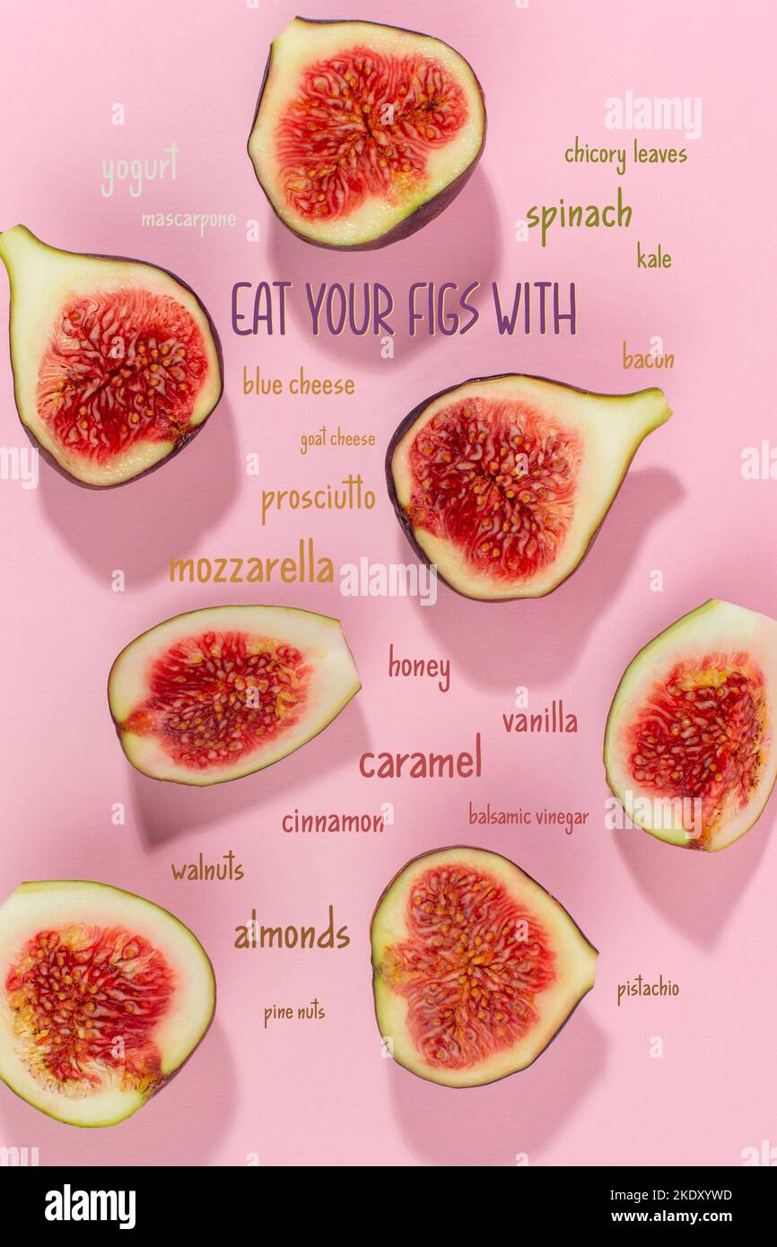 Art mural de cuisine avec figues et liste de produits ce qui va bien avec figues. Banque D'Images