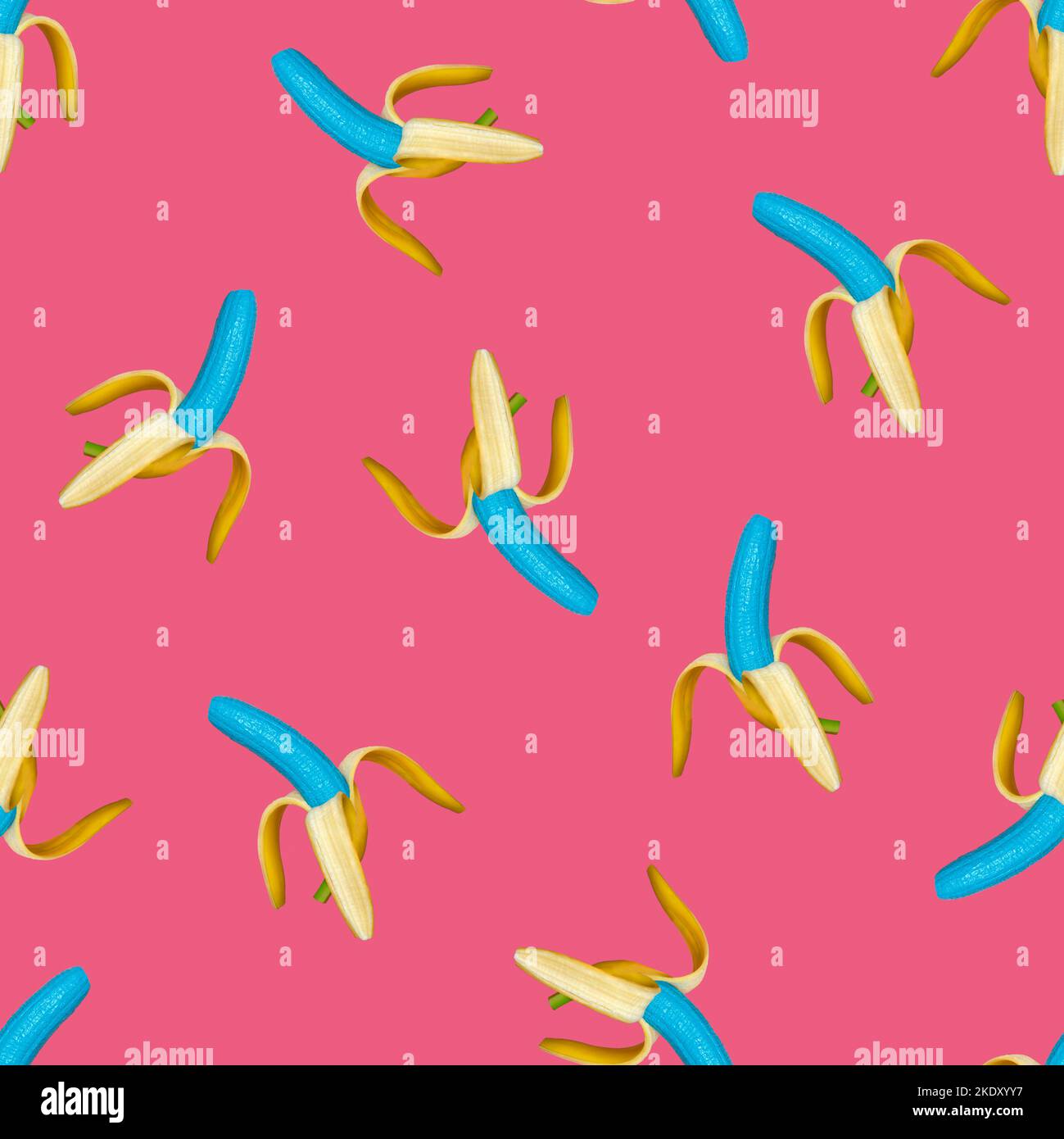 Motif banane bleu surréaliste sans couture sur fond rose Banque D'Images