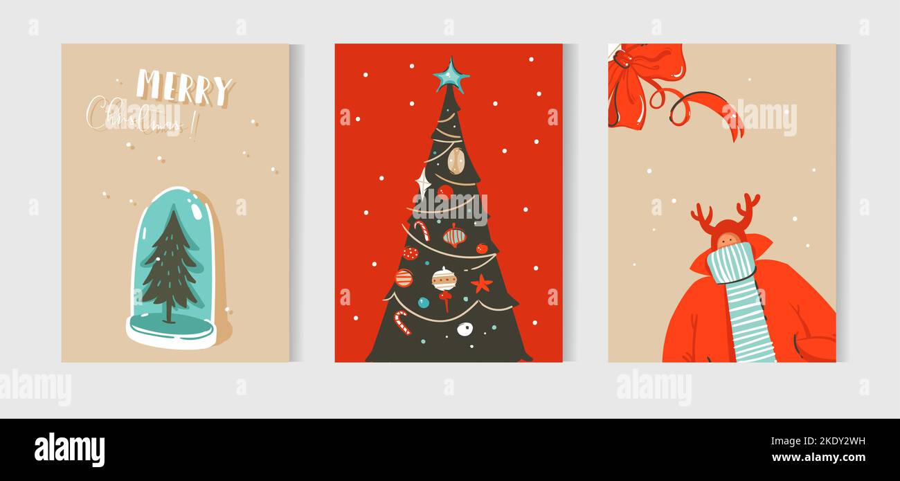 Dessin à la main vecteur résumé amusant Merry Christmas Time cartoon cartes collection ensemble avec de mignons illustrations isolées sur fond de papier artisanal Illustration de Vecteur