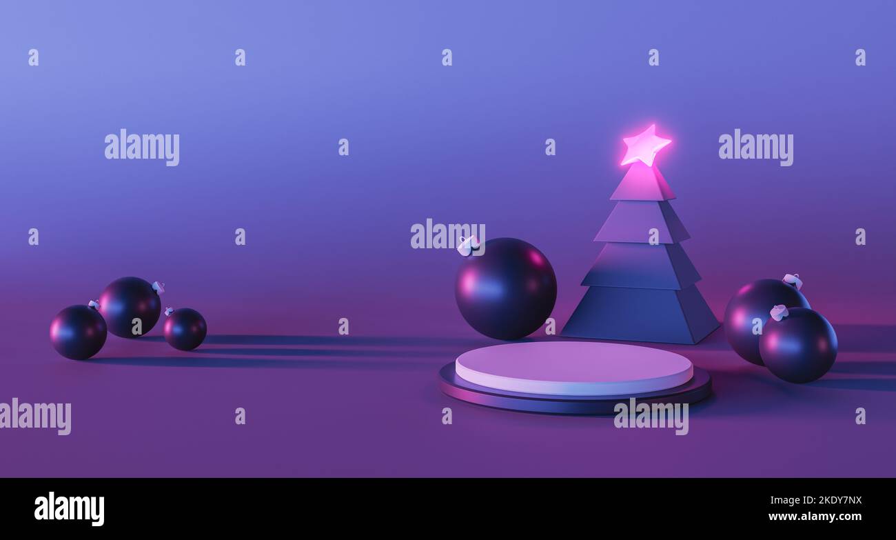 3D 000 boules sombres dispersées autour d'un arbre de Noël graphique simple avec étoile au néon rose brillant sur le dessus Banque D'Images