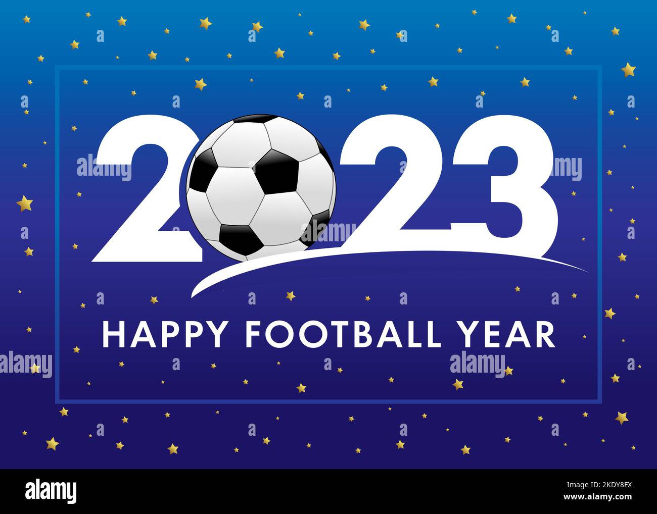 Bonne année de football 2023. Logo de fond de la housse de sport 2023 avec  des étoiles de balle et d'or. Illustration vectorielle pour la bannière du  tournoi, le calendrier des compétitions