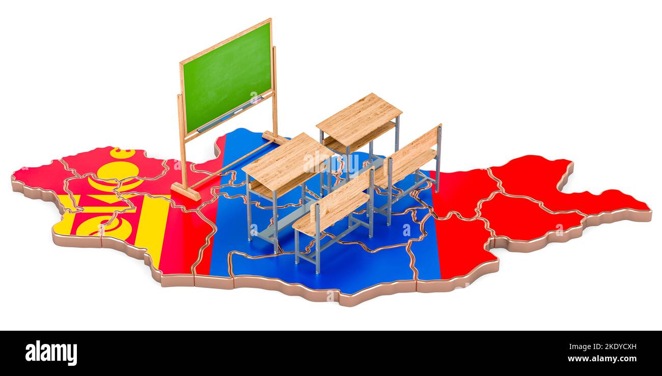 Éducation en Mongolie, concept. Bureaux scolaires et tableau noir sur la carte mongole. 3D rendu isolé sur fond blanc Banque D'Images