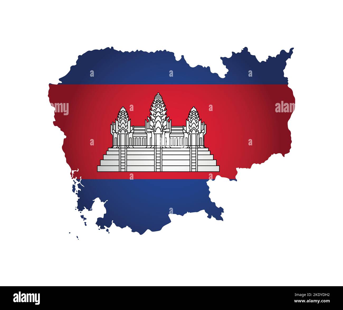 Illustration vectorielle isolée. Inscription officielle sur la carte du Cambodge. Drapeau national en rouge, bleu avec le temple blanc complexe Angkor Wat Illustration de Vecteur