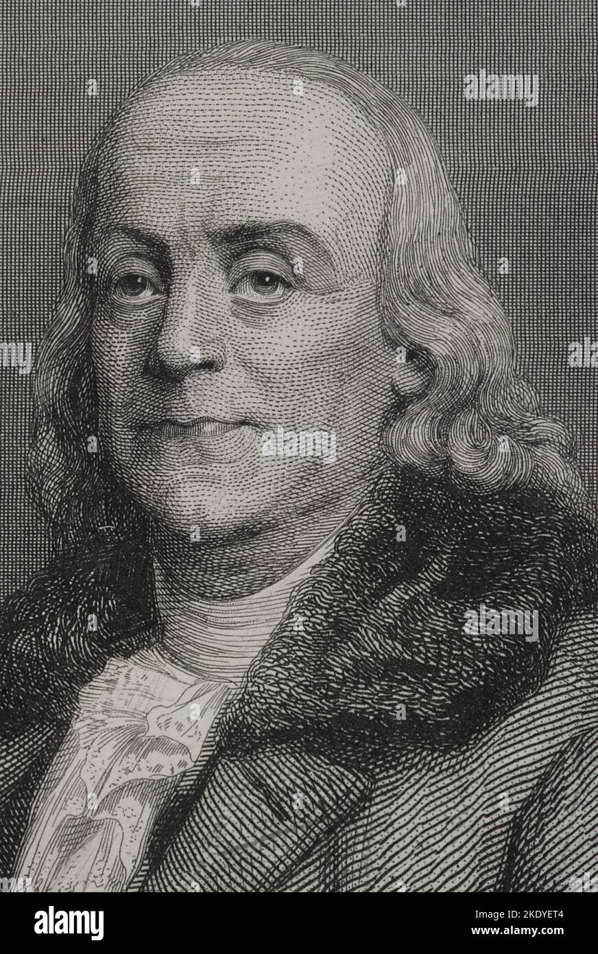 Benjamin Franklin (1706-1790). Scientifique, inventeur et homme politique américain. En 1776, il écrit, avec Jefferson et John Adams, la Déclaration d'indépendance des États-Unis d'Amérique. Portrait. Gravure par Geoffroy. 'Historia Universal', par César Cantú. Volume VI 1857. Banque D'Images