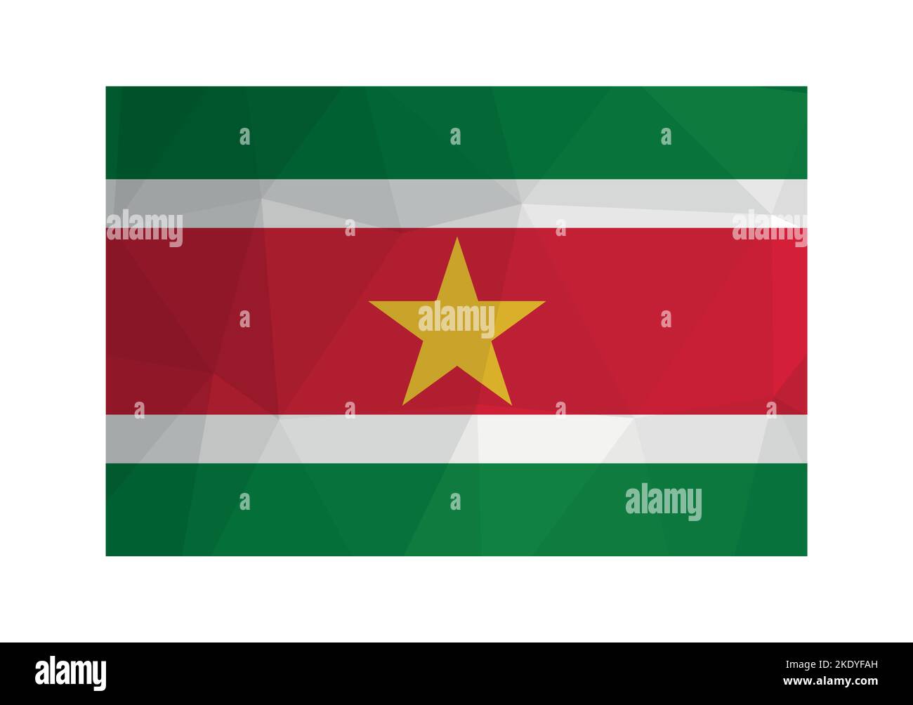 Illustration vectorielle. Symbole officiel du Suriname. Drapeau national avec rayures vertes, blanches, rouges et étoile jaune. Design créatif en poly basse avec Illustration de Vecteur