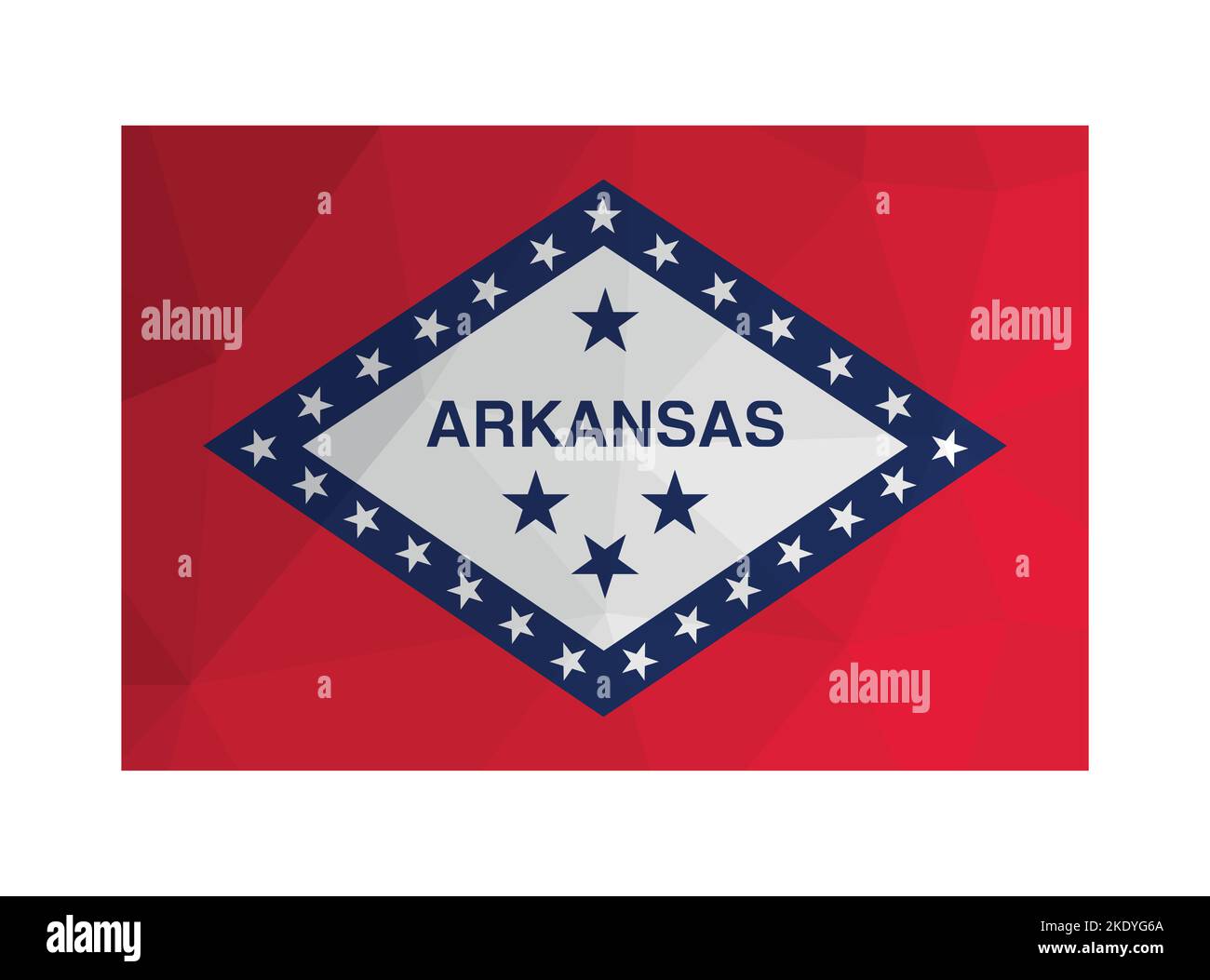 Illustration vectorielle. ensign officiel de l'Arkansas (États-Unis). Drapeau national avec le nom des étoiles d'état sur fond rouge. Conception créative de style polygonal Illustration de Vecteur