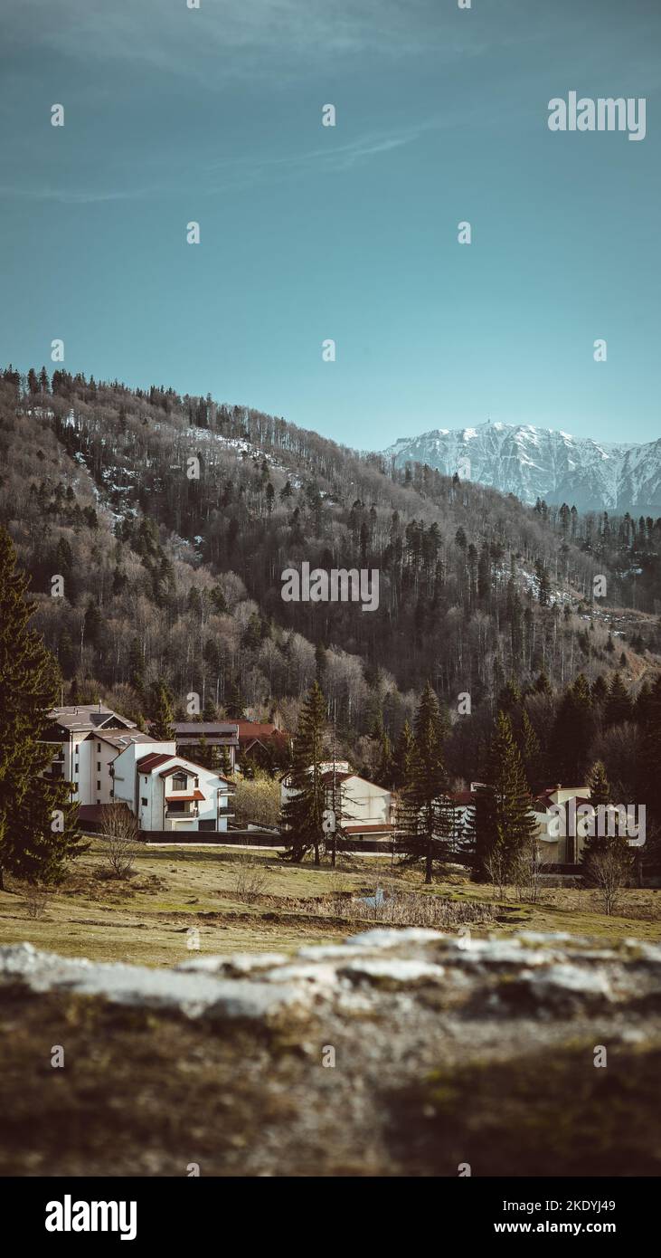 Une vue verticale des montagnes vertes de Predeal avec des maisons rurales sous ciel gris en Roumanie Banque D'Images