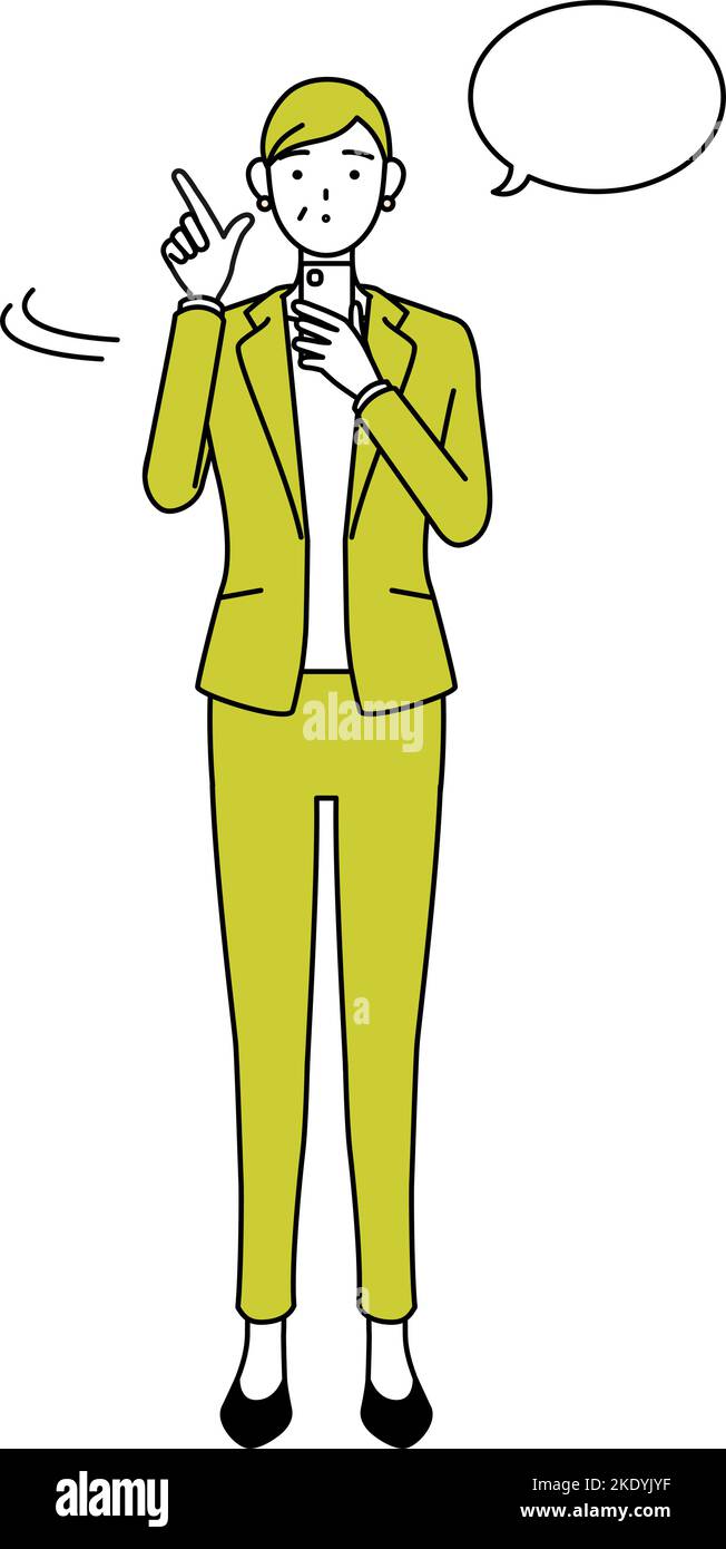 Illustration simple de dessin de ligne d'une femme sénior en costume, femme gestionnaire, femme de carrière exploitant un smartphone. Illustration de Vecteur