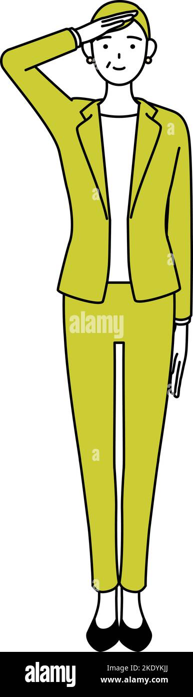Illustration simple de dessin de ligne d'une femme senior en costume, femme gestionnaire, femme de carrière faisant un salut. Illustration de Vecteur
