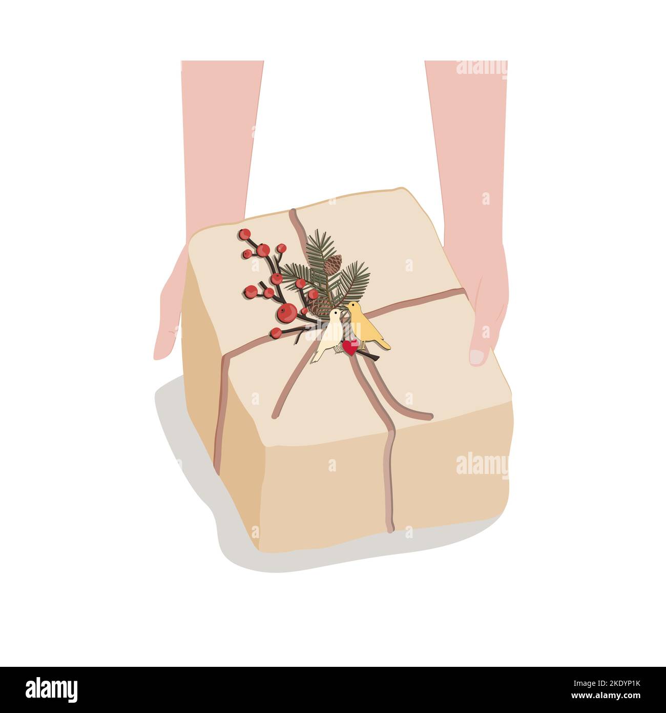 Les femmes tiennent la boîte ou le paquet de boîte cadeau dans le papier artisanal avec décor floral sur fond blanc. Illustration vectorielle isolée Illustration de Vecteur