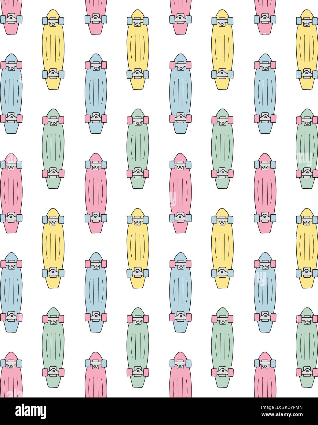 Motif vectoriel sans couture de différentes couleurs dessin à la main de la planche à roulettes de croiseur isolée sur fond blanc Illustration de Vecteur