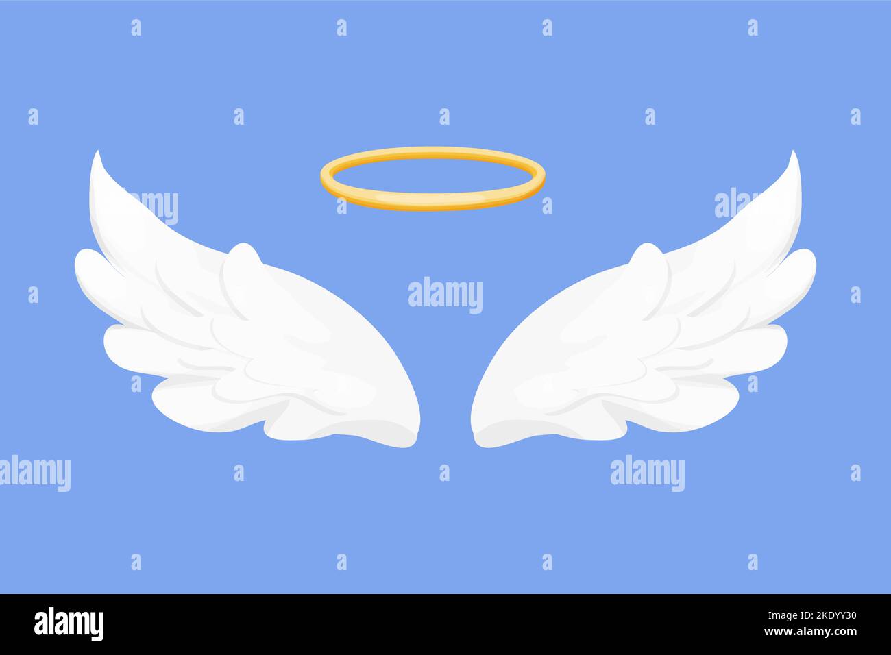 Ailes d'ange blanches avec halo, nimbus en style de dessin animé isolé sur fond bleu, élément de design pour la décoration. Illustration vectorielle Illustration de Vecteur