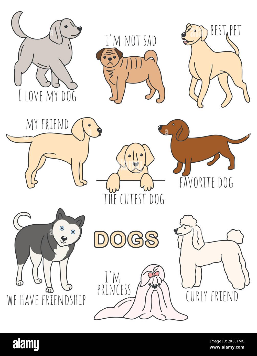 Jeu d'illustrations avec chiens et inscriptions Illustration de Vecteur