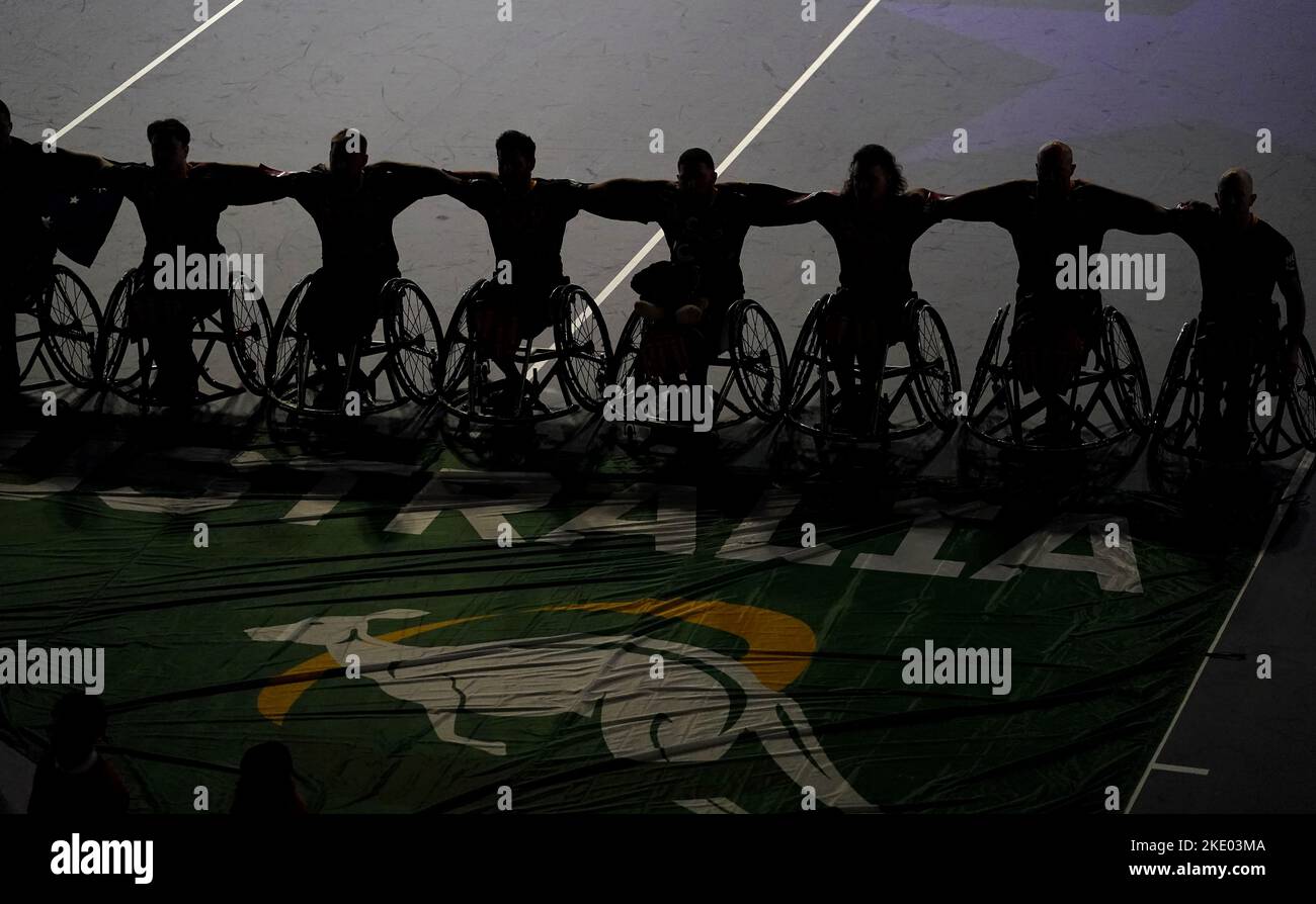 Les joueurs s'alignent avant le groupe de la coupe du monde de rugby en fauteuil roulant À la Copper Box Arena, Londres. Date de la photo: Mercredi 9 novembre 2022. Banque D'Images