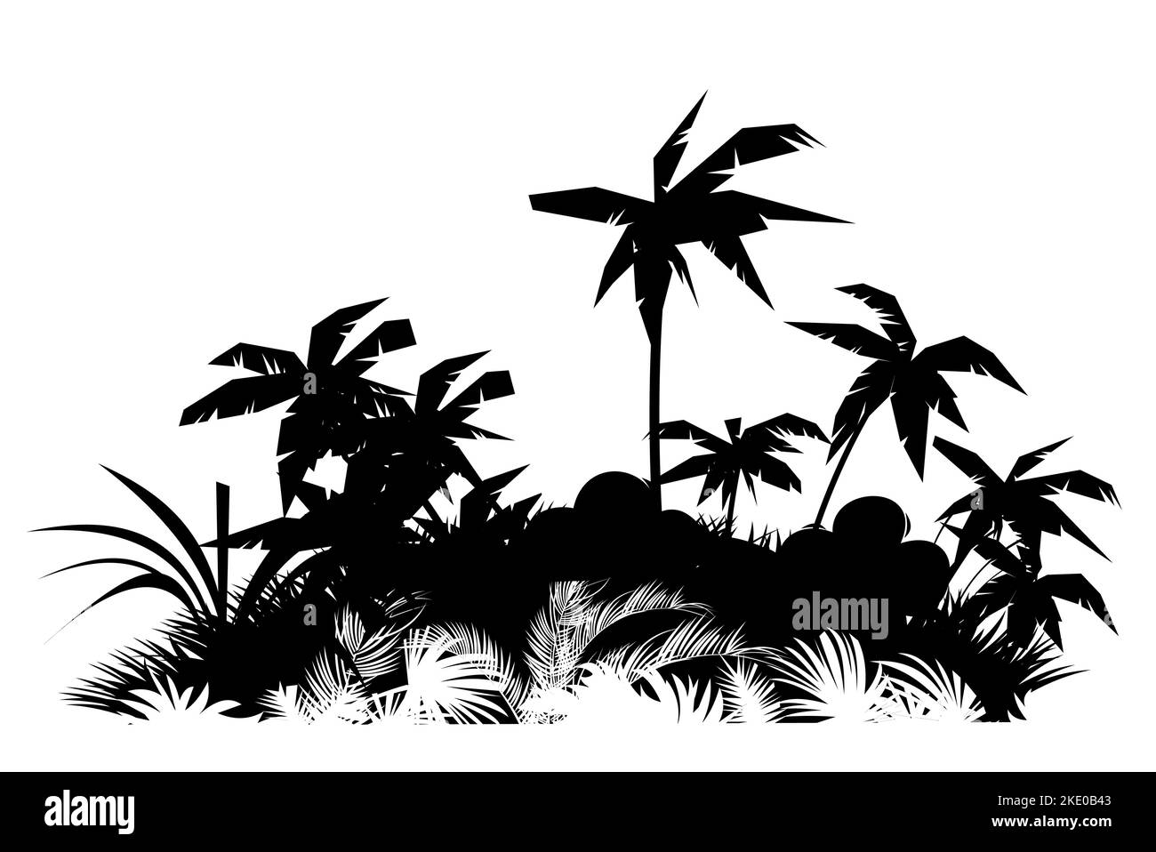 Prairie et palmiers. Jungle forêt tropicale. Silhouette de paysage de la nature. Épaississement tropical dense. Isolé sur fond blanc. Vecteur. Illustration de Vecteur