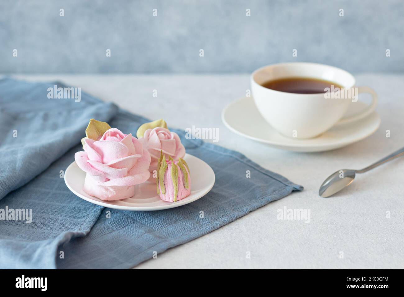 ensemble de thé dans une composition avec des fleurs de guimauve. Tasse à café sur soucoupe. Sur fond gris clair. Soirée thé revigorante le matin Banque D'Images