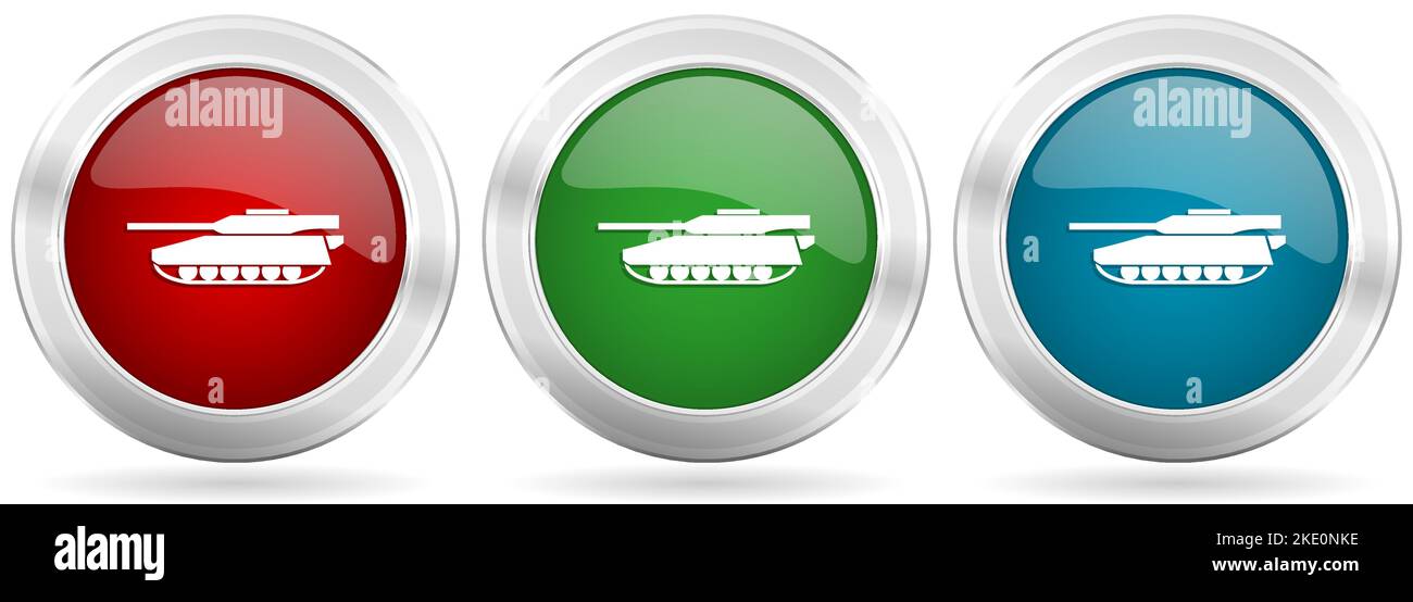 Ensemble d'icônes de véhicule de guerre, de véhicule de guerre, militaire, de char d'assaut. Boutons en toile métallique rouge, bleu et vert argentés avec bordure chromée Illustration de Vecteur