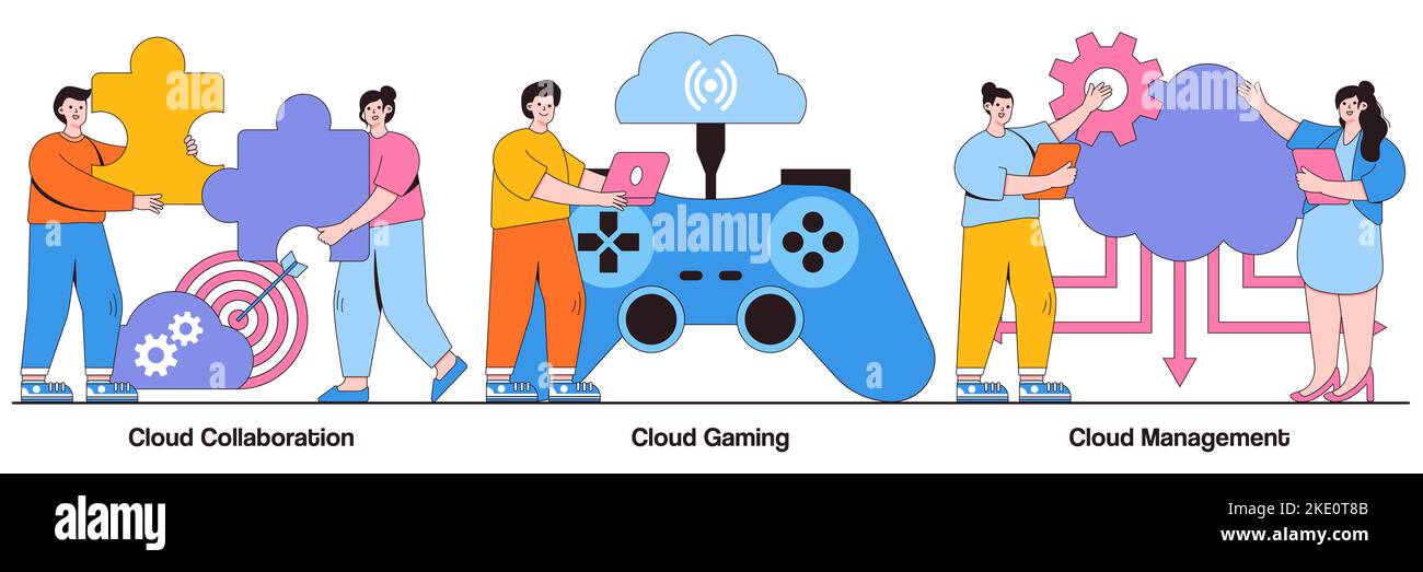 Concept de collaboration, de jeu et de gestion dans le cloud avec des personnages. Pack d'illustrations vectorielles abstraites du service Cloud. Stockage de données, vidéo et fi Illustration de Vecteur