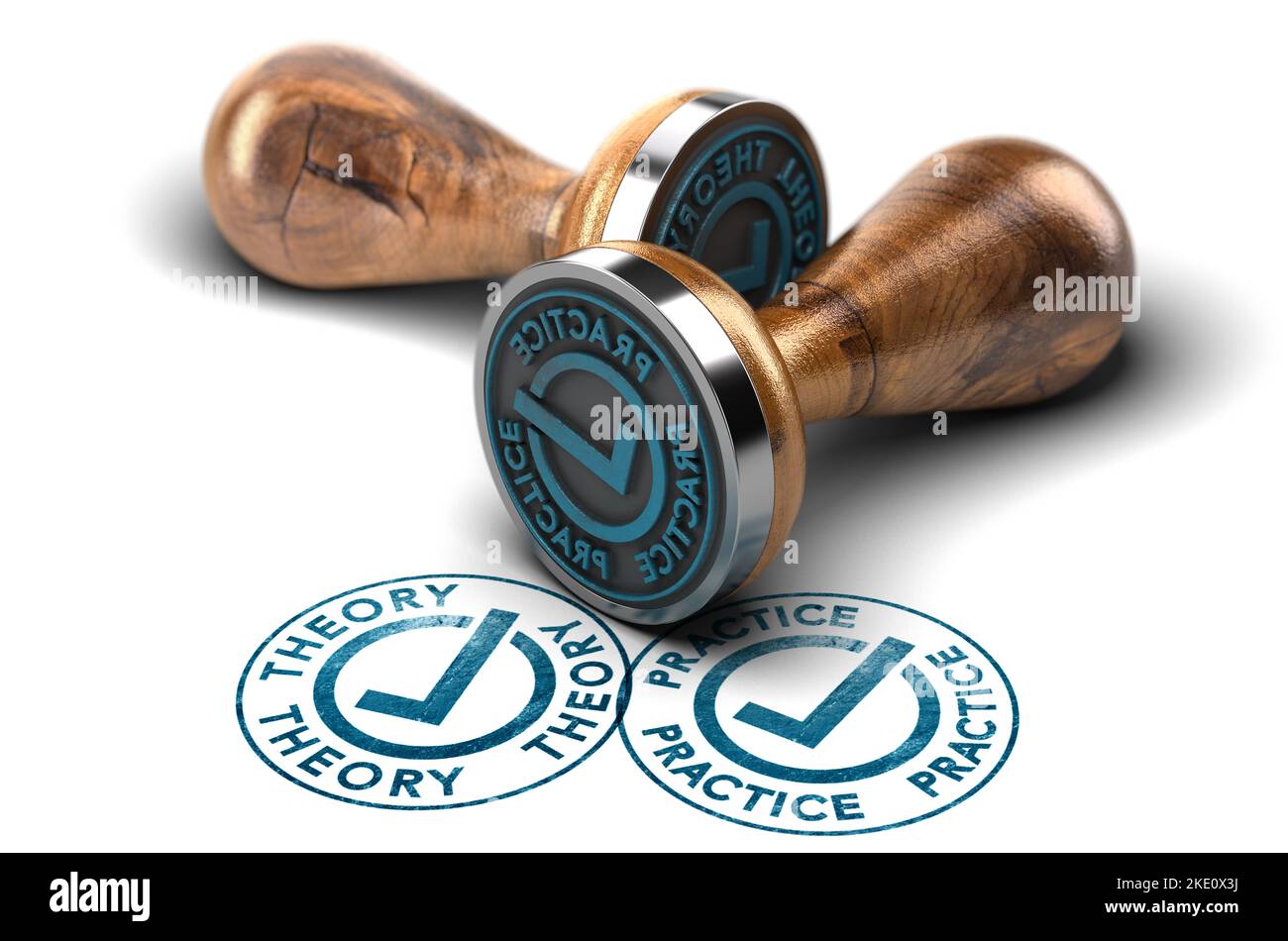Deux timbres ronds en caoutchouc avec le mot théorie et pratique avec une coche sur fond blanc. 3D illustration. Banque D'Images