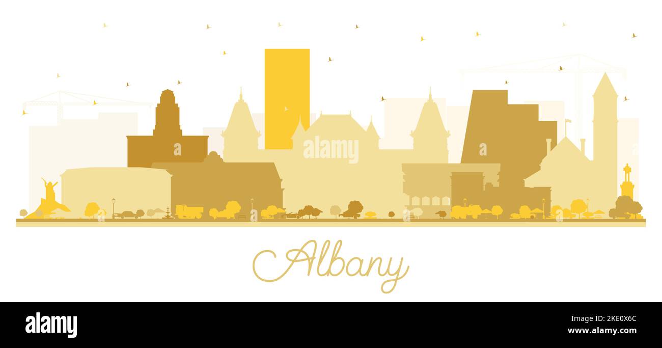 Silhouette d'Albany New York avec bâtiments dorés isolés sur blanc. Illustration vectorielle. Albany USA Cityscape avec des sites touristiques. Illustration de Vecteur