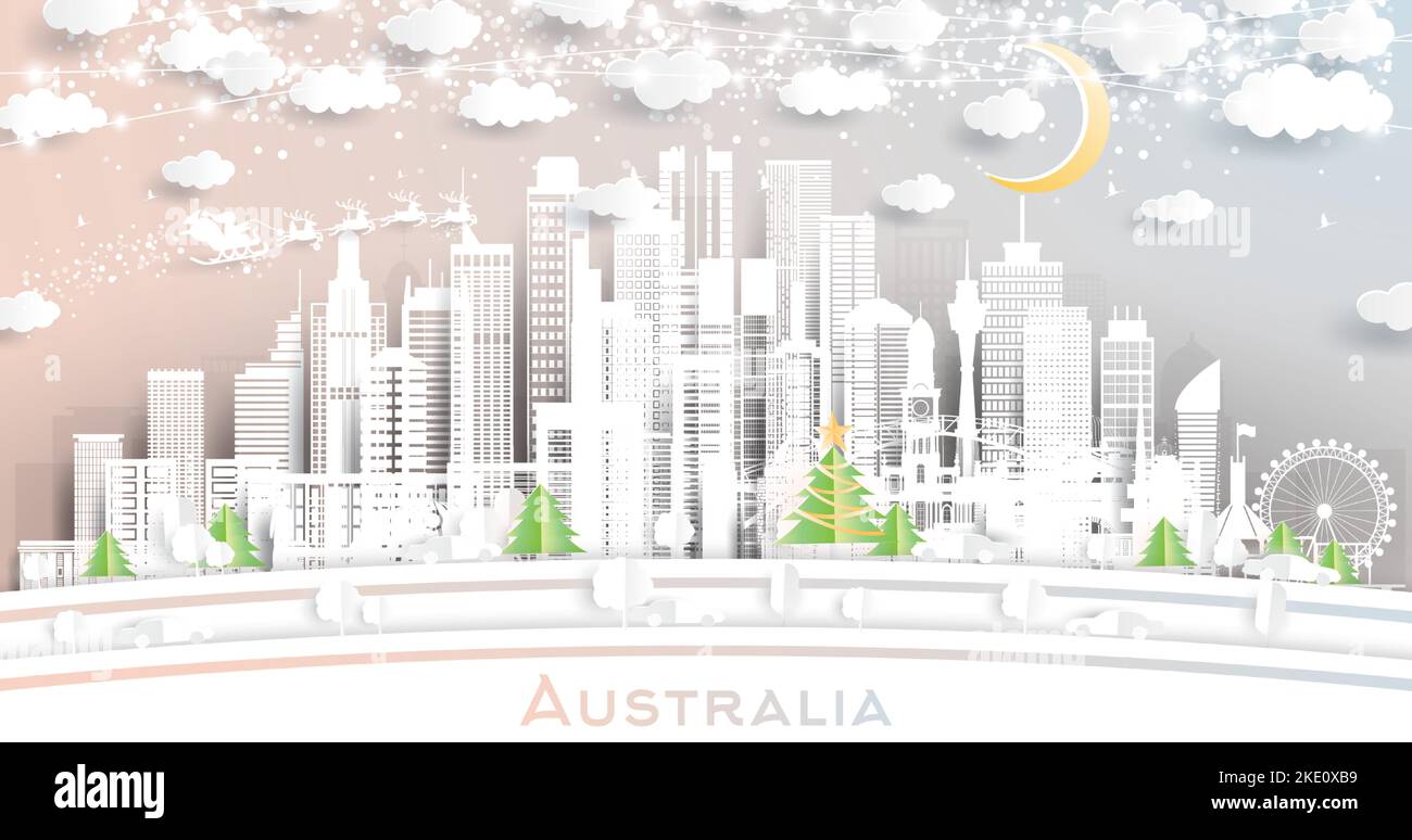 Australia City Skyline en papier coupé avec flocons de neige, lune et guirlande de Neon. Illustration vectorielle. Concept Noël et nouvel an. Illustration de Vecteur