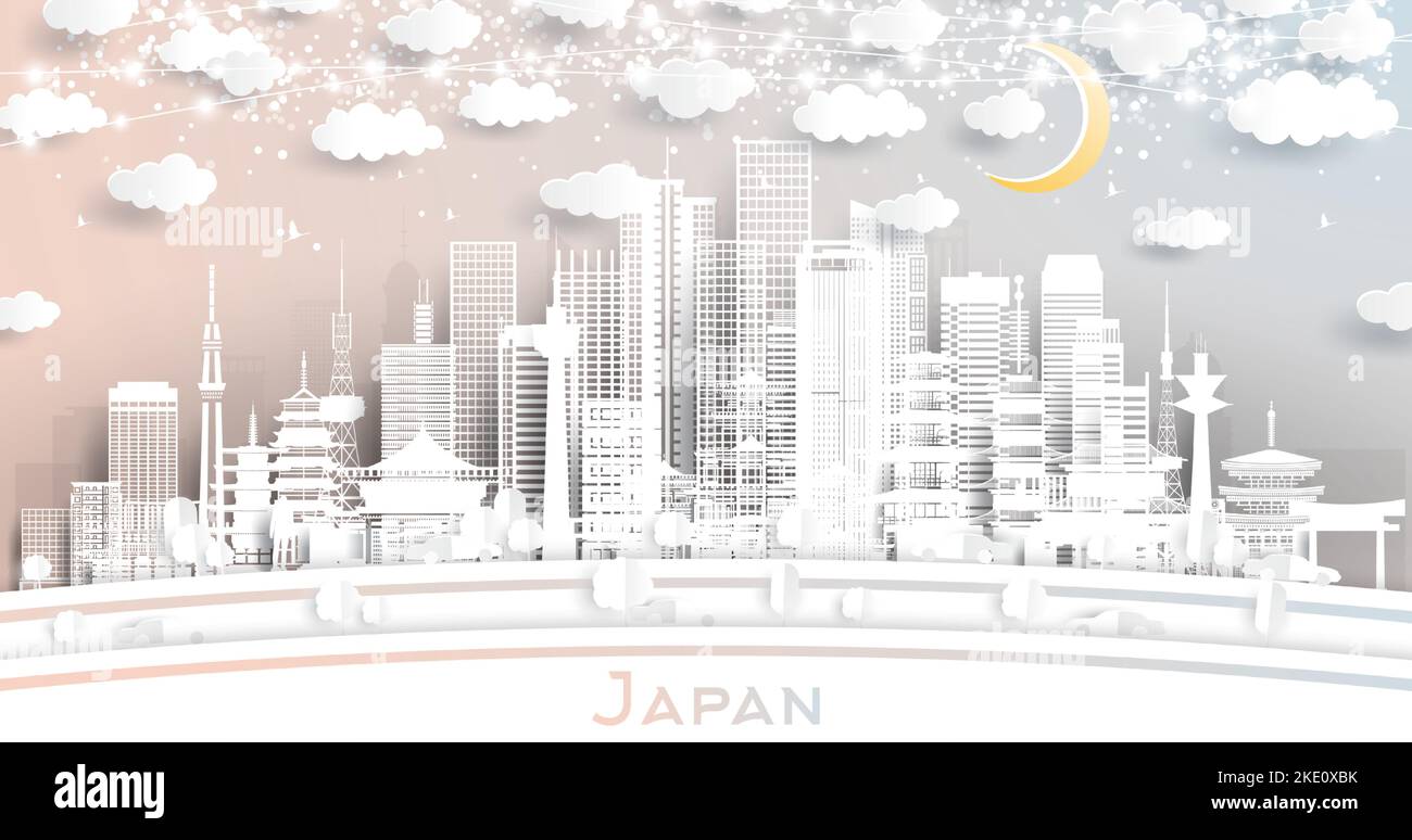 Japan City Skyline en style papier coupé avec White Buildings, Moon et Neon Garland. Illustration vectorielle. Voyages d'affaires et tourisme. Illustration de Vecteur