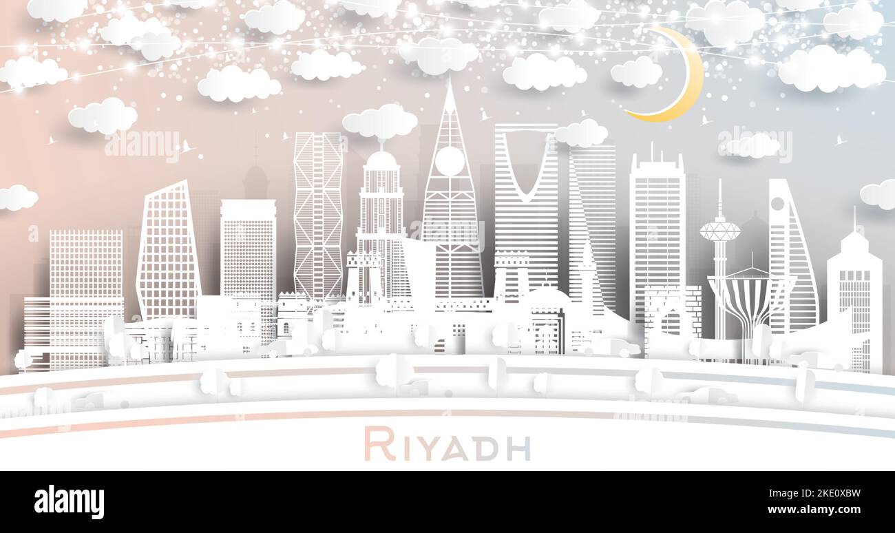 Riyadh Saudi Arabia City Skyline en style papier coupé avec White Buildings, Moon et Neon Garland. Illustration vectorielle. Illustration de Vecteur