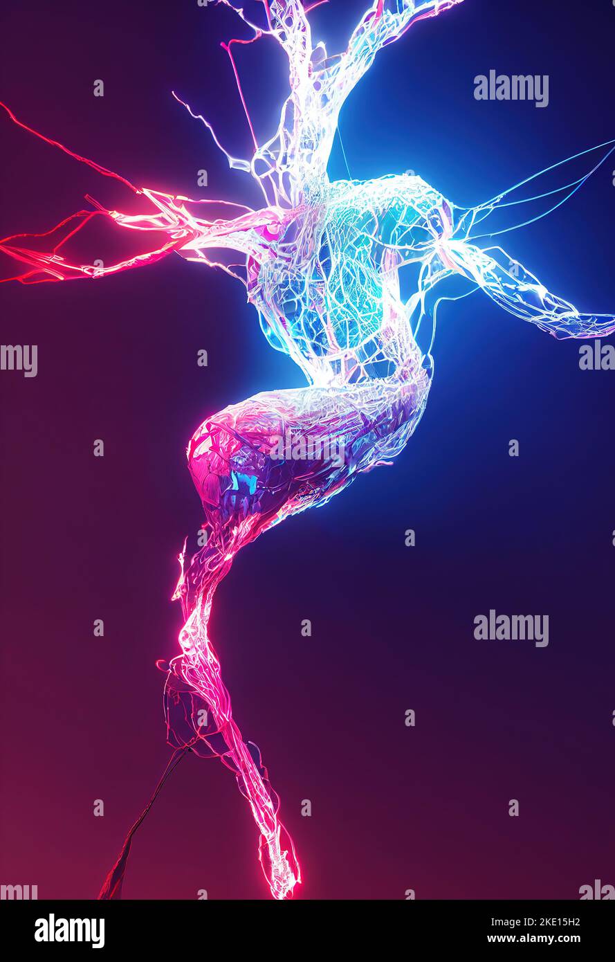 Figure neurale éclatante. Flux neural lumineux sur fond bleu violet néon. 3D Illustration numérique. Banque D'Images