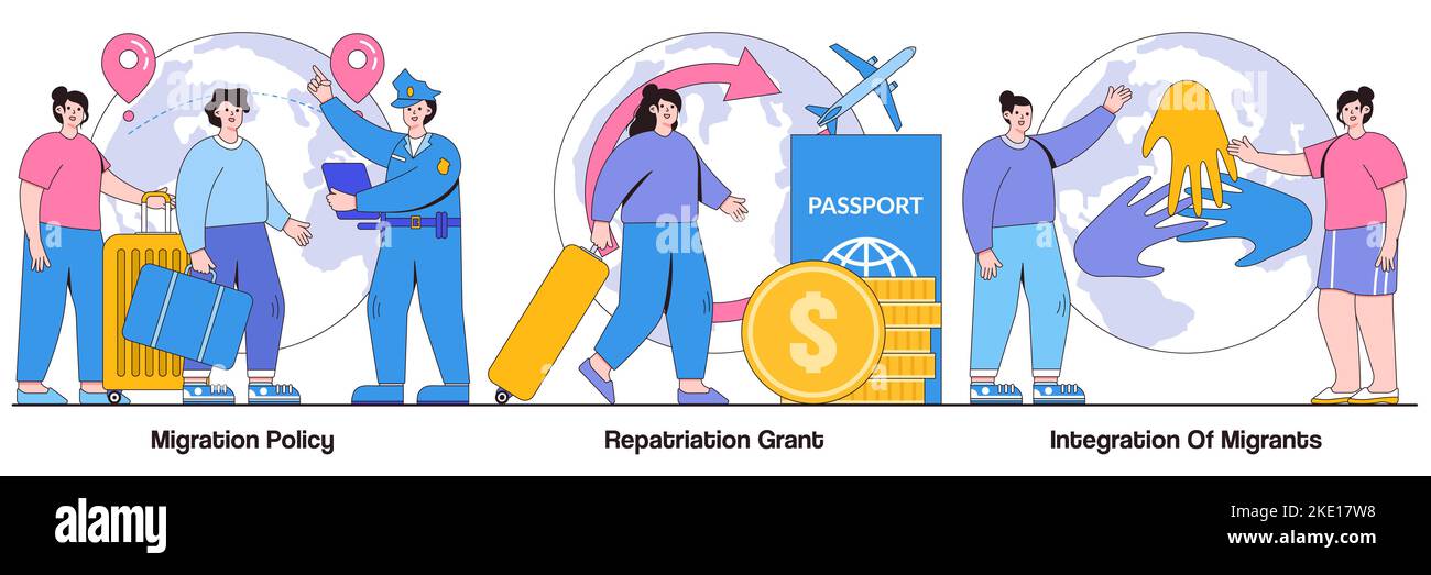 Politique de migration, subvention de rapatriement, intégration des concepts de migrants avec les personnages de personnes. Pack d'illustrations vectorielles de migration juridique humaine. En mouvement Illustration de Vecteur