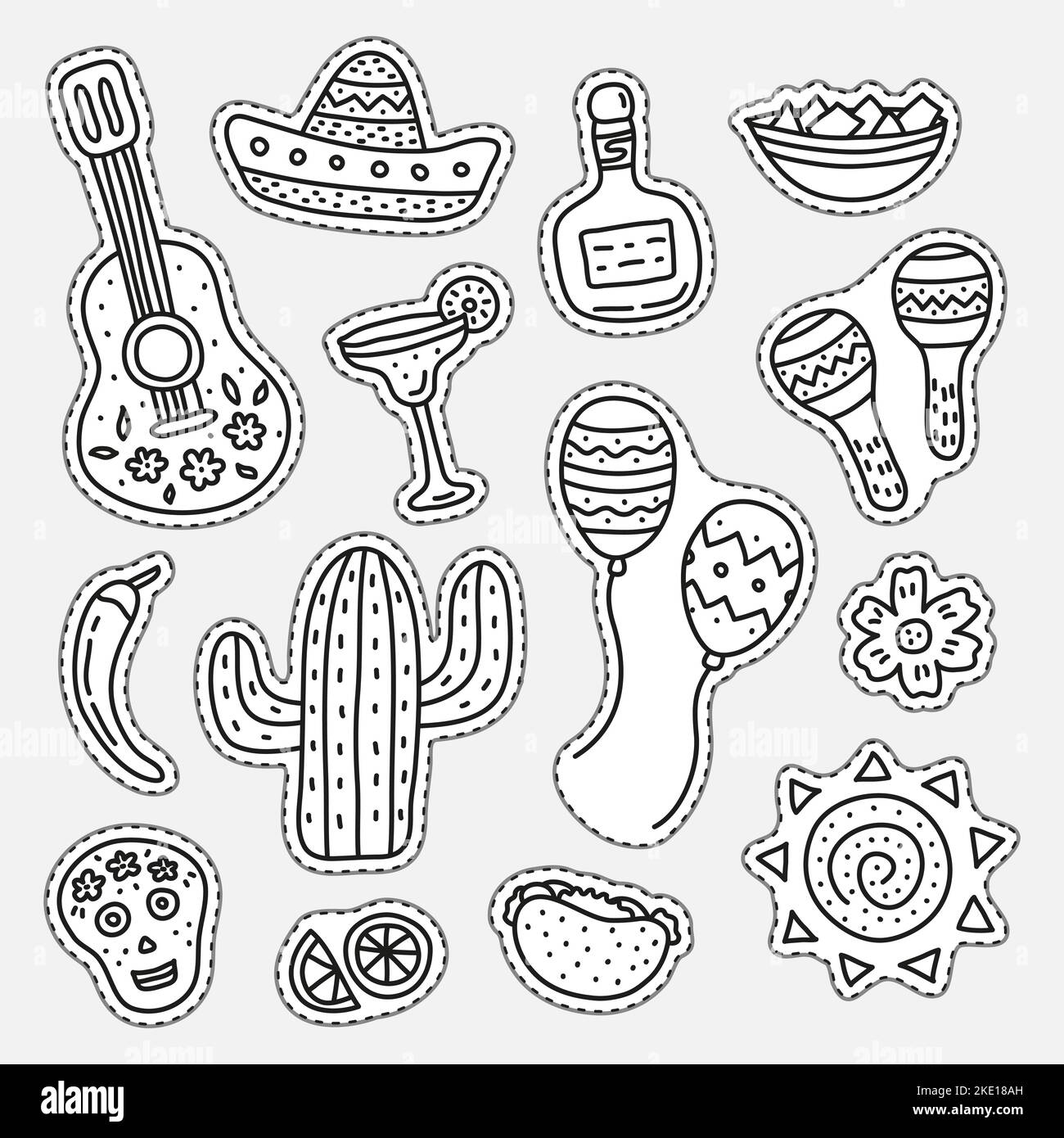 Ensemble d'autocollants incolores Cinco de mayo isolés sur fond blanc. Illustration de Vecteur