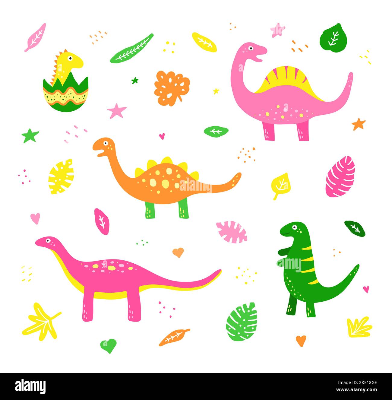 Ensemble de dinosaures colorés et de feuilles tropicales isolées sur fond blanc. Illustration de Vecteur