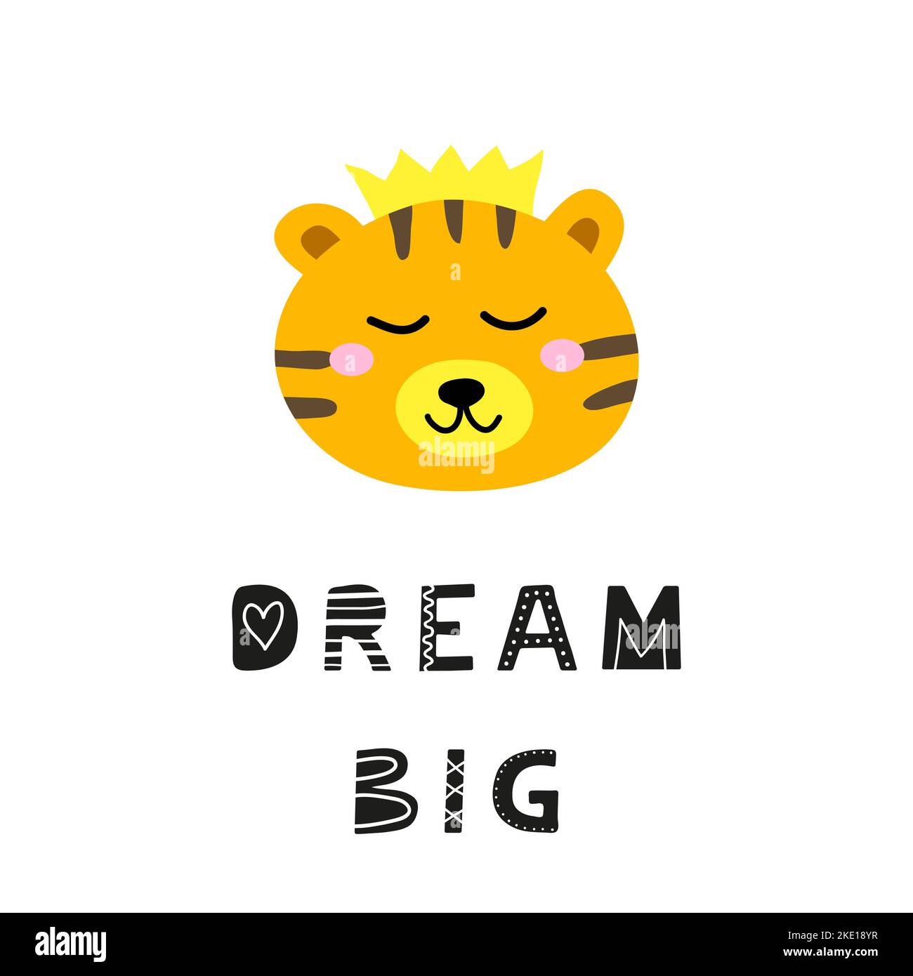 Jolie illustration dessinée à la main avec le visage de tigre et le lettrage rêve grand isolé sur fond blanc. Illustration de Vecteur