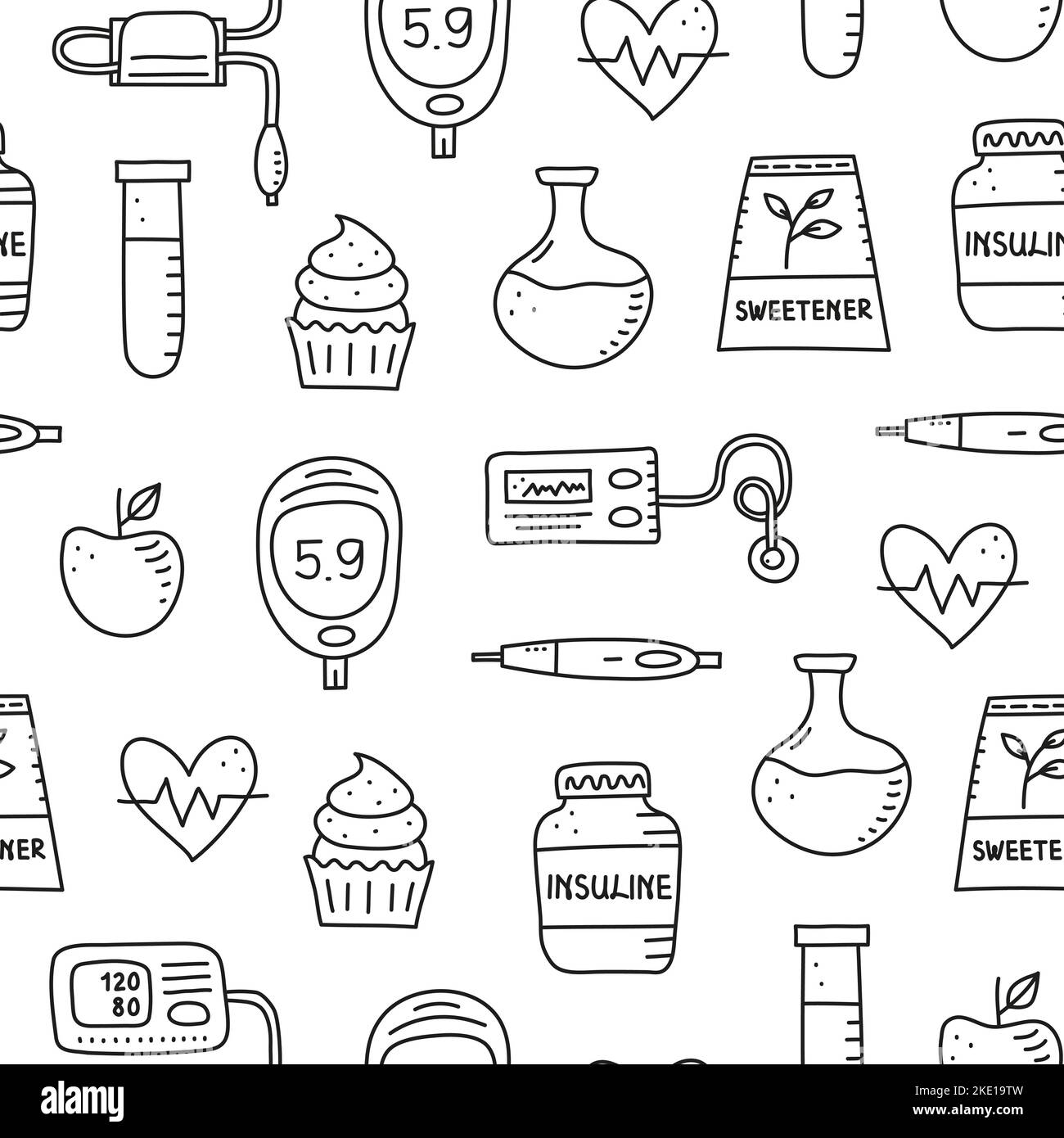 Motif noir et blanc sans couture avec contour des aliments pour le diabète, y compris un stylo à insuline, une pompe, un tonomètre, une goutte de sang, glucomètre, cupcake, flacon, s Illustration de Vecteur