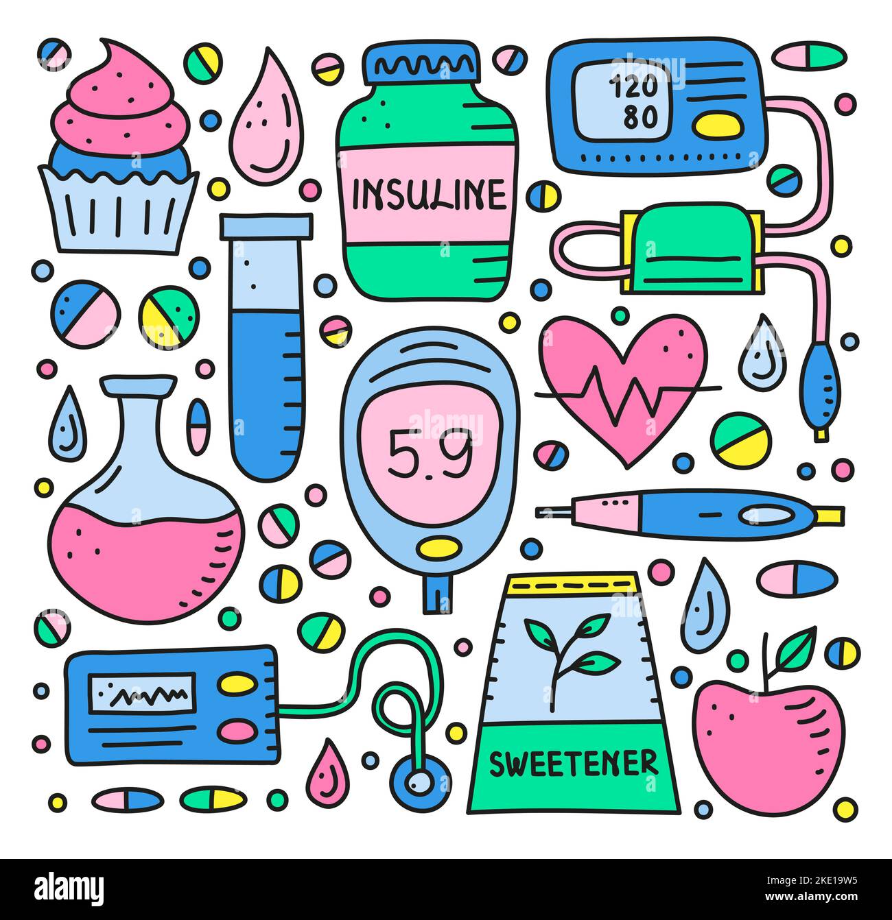 Ensemble d'articles de couleur Doodle pour le diabète, y compris un stylo à insuline, une pompe, un tonomètre, une goutte de sang, glucomètre, cupcake, flacon, édulcorant, coeur, tube à essai isol Illustration de Vecteur