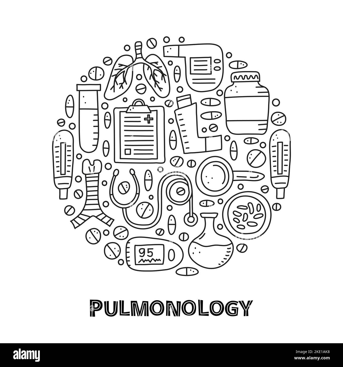 Doodle contour pulmonologiey articles, y compris les poumons, trachée, spiromètre, loupe, bactéries, oxymètre de pouls, débitmètre de prélèvement, inhalateur de poche, stéthoscope Illustration de Vecteur