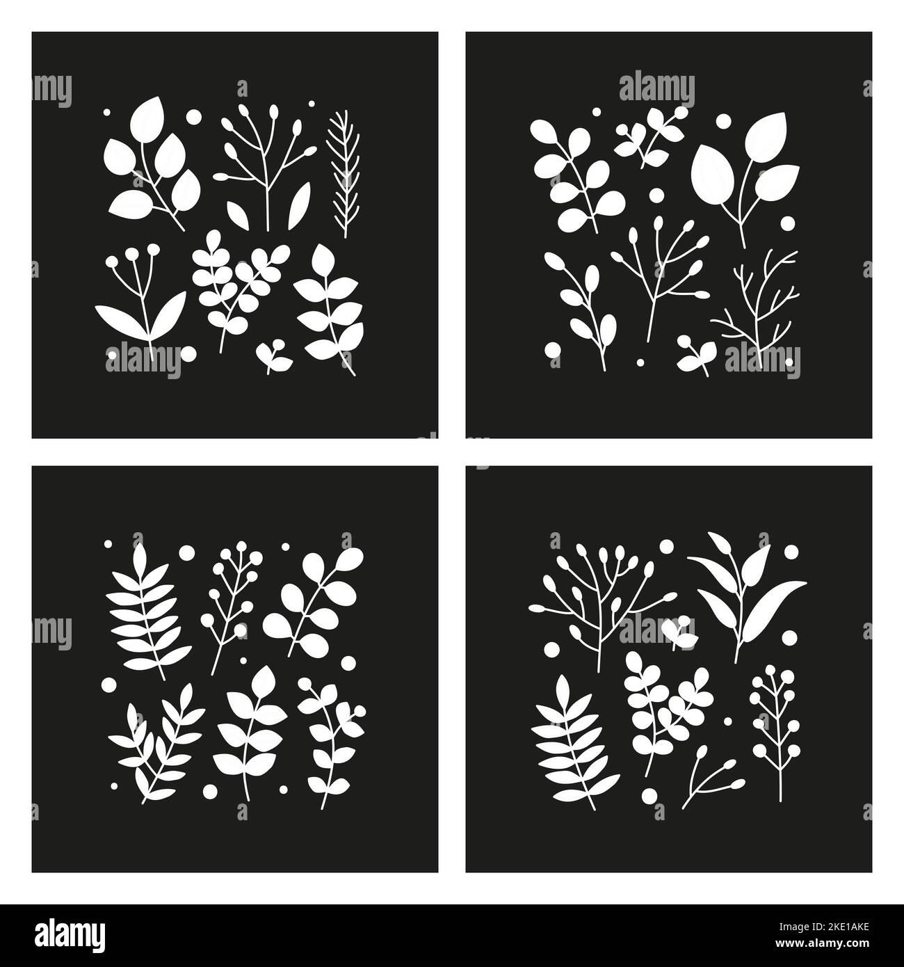 Jeu de cartes avec brindilles blanches, herbes sauvages, plantes, baies isolées sur fond noir. Illustration de Vecteur